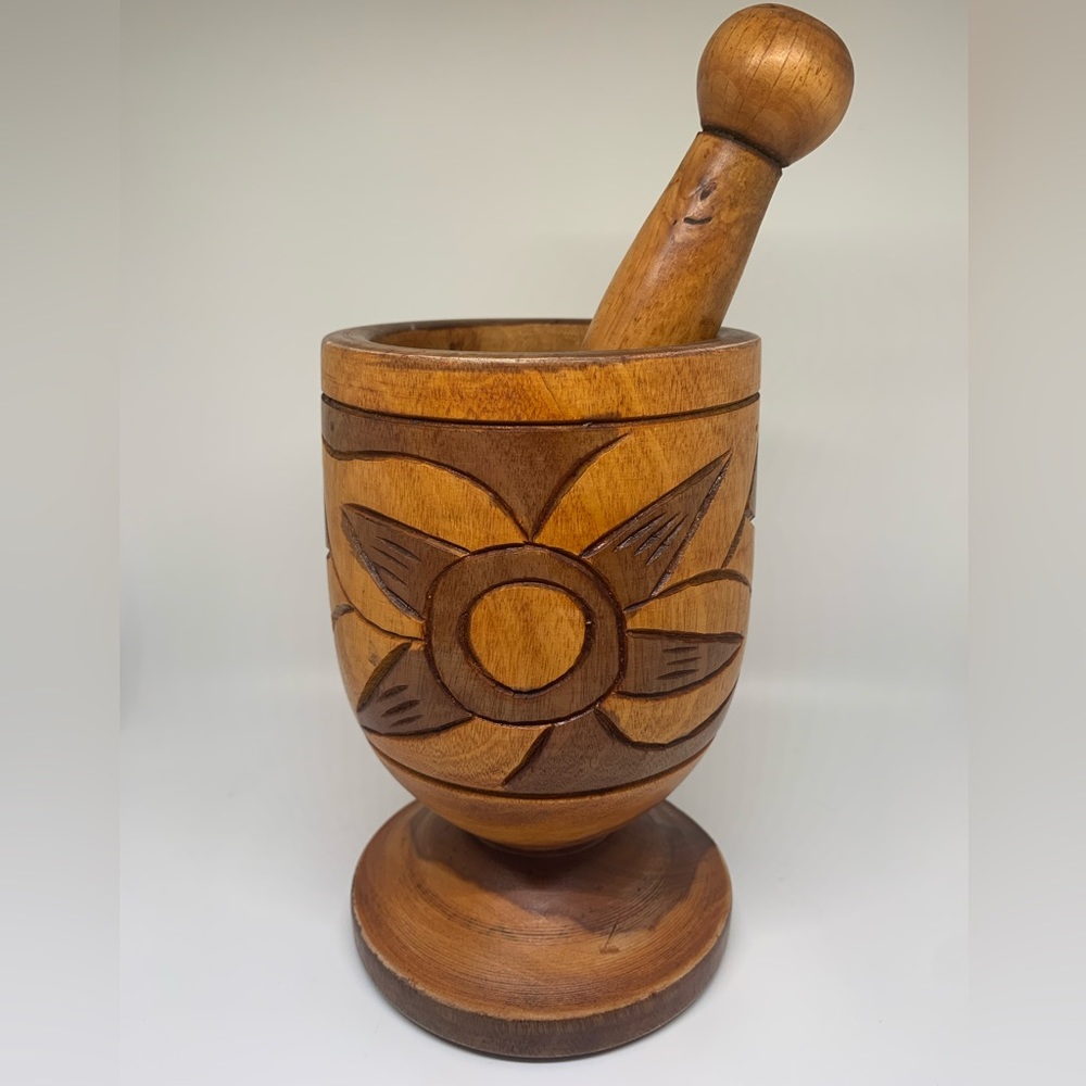 Vintage Hand Carved Wood Footed Mortar and Pestle Set!